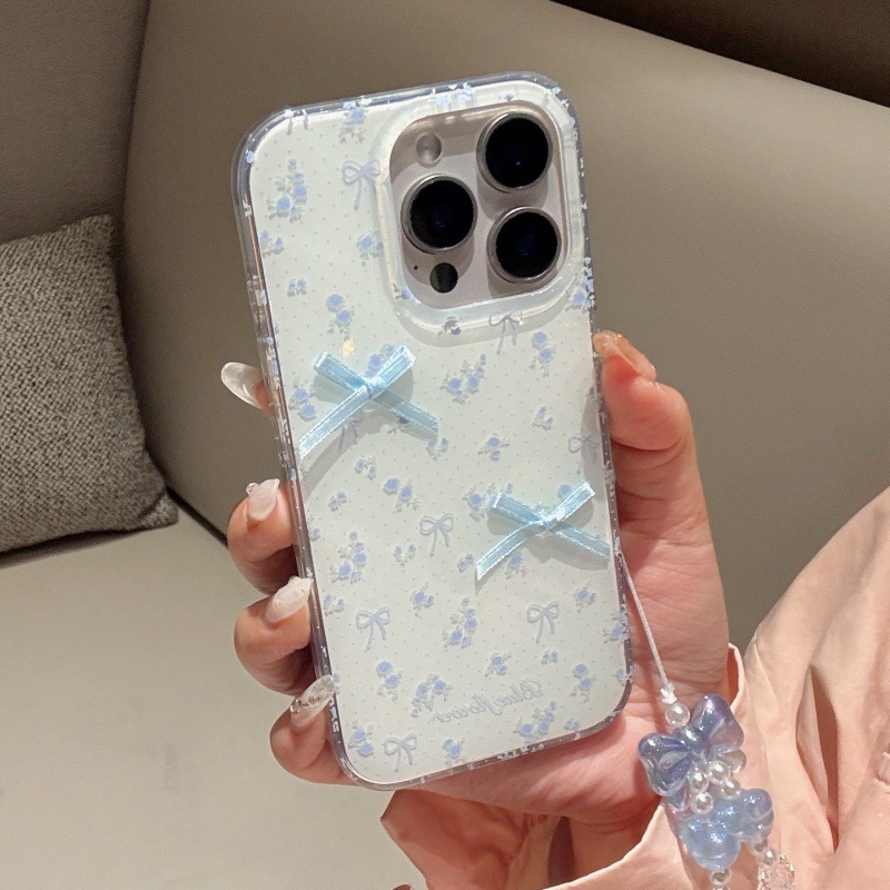 Lazo floral azul coreano para Apple 15Pro/16Pro funda para teléfono móvil 14 cadena 13 femenino 16PM nuevo