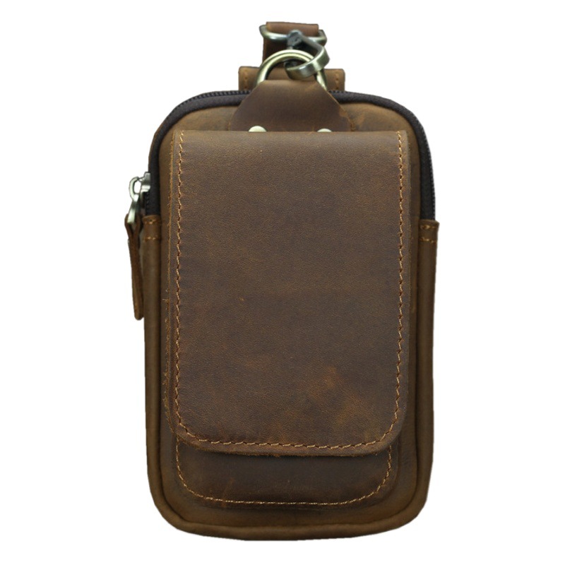 Retro Crazy Horse Leather Waist Bag Genuine Leather Foreign Trade Men's Retro Fashion Cool Mobile Phone Outdoor 6-inch Small Waist Bag with Hook
