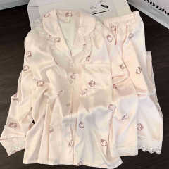 【现货】甜美Kitty花边长袖睡衣女春秋季冰丝亲肤长裤家居服套装