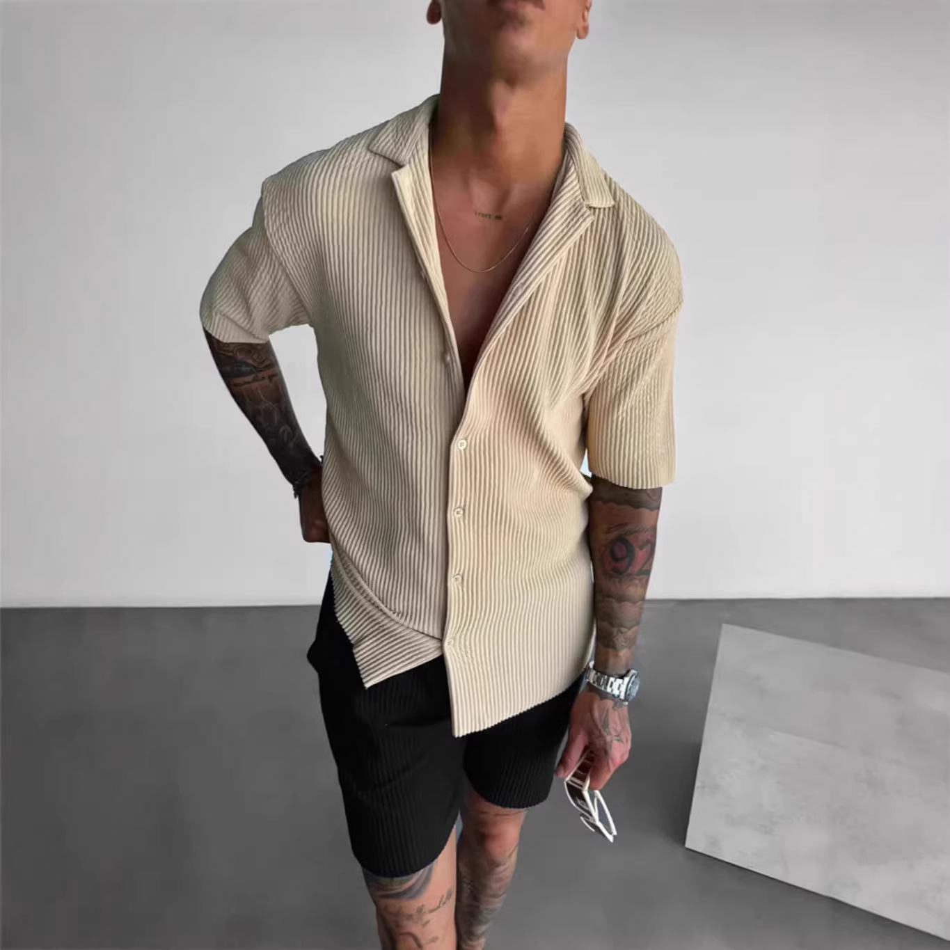 Spring Summer Cardigan Pure Color Short-Sleeved Casual Shirt For Men_viptrois.com
