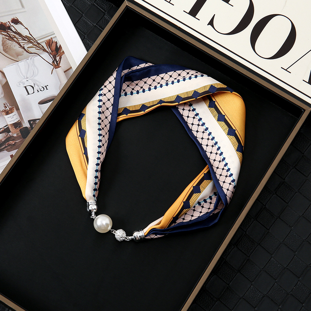 Pañuelo de seda con hebilla magnética de diamantes con incrustaciones de perlas collar mujer retro todo fósforo moda bufanda fina hebilla autocebante babero al por mayor