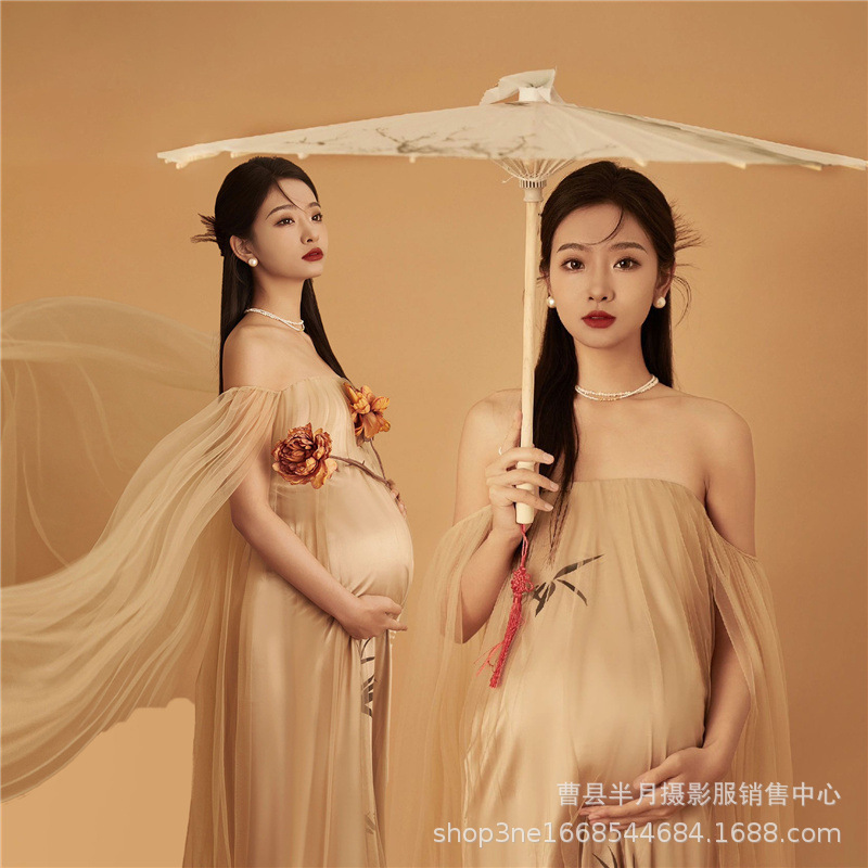 Photo Studio New Maternity Photo Clothing Retro Big Belly Pregnant Mother Cheongsam Art Photo Photography Strapless Dress Clothing