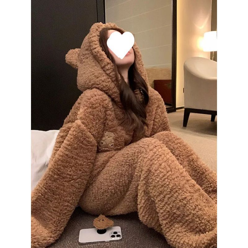 (2개) 여성을위한 귀여운 곰 잠옷 겨울 플러스 벨벳 두꺼운 따뜻한 산호 벨벳 달콤한 바지 세트 홈웨어 투피스 세트