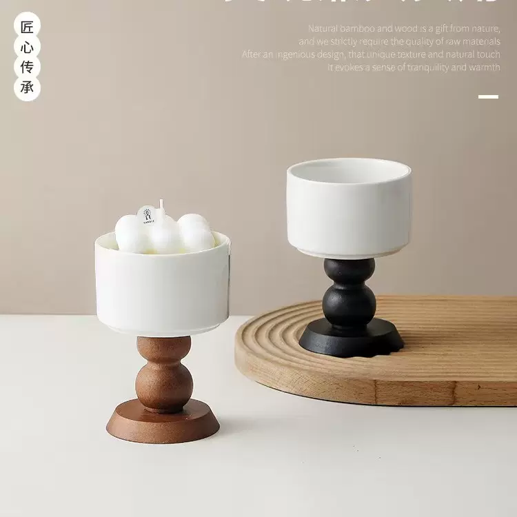法式复古陶瓷高脚杯蜡烛台 香薰台甜品碗 家用木制烛光晚餐蜡烛杯