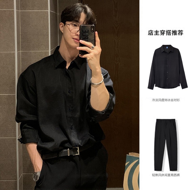 Long-Sleeved Shirt and Suit Pants Set for Men, Two-Piece Casual and Professional Outfit, White Shirt and Suit Pants, Loose Fit, Suitable for Graduation Photos