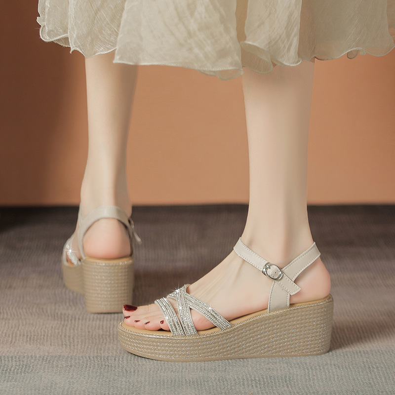 Sandal cao gót nữ đính đá phong cách cổ tích, gót xuồng 6.5 cm — M596 màu sâm panh