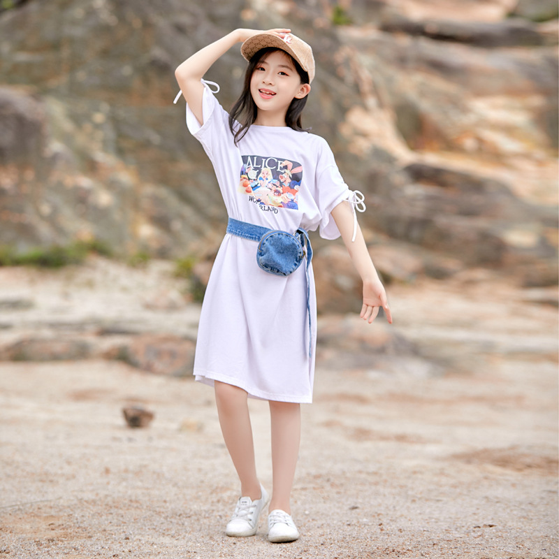 Vestido de las niñas verano 2024 nuevo estilo occidental medio y grande falda de algodón para niños moda verano manga corta Camiseta falda casual