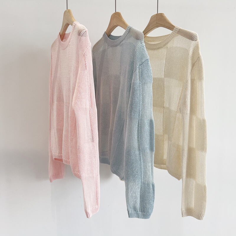 Imported and paper yarn! Beautiful Hollow Color Crewneck Long-sleeved Blouse Loose Pullover Top Plaid Sweater