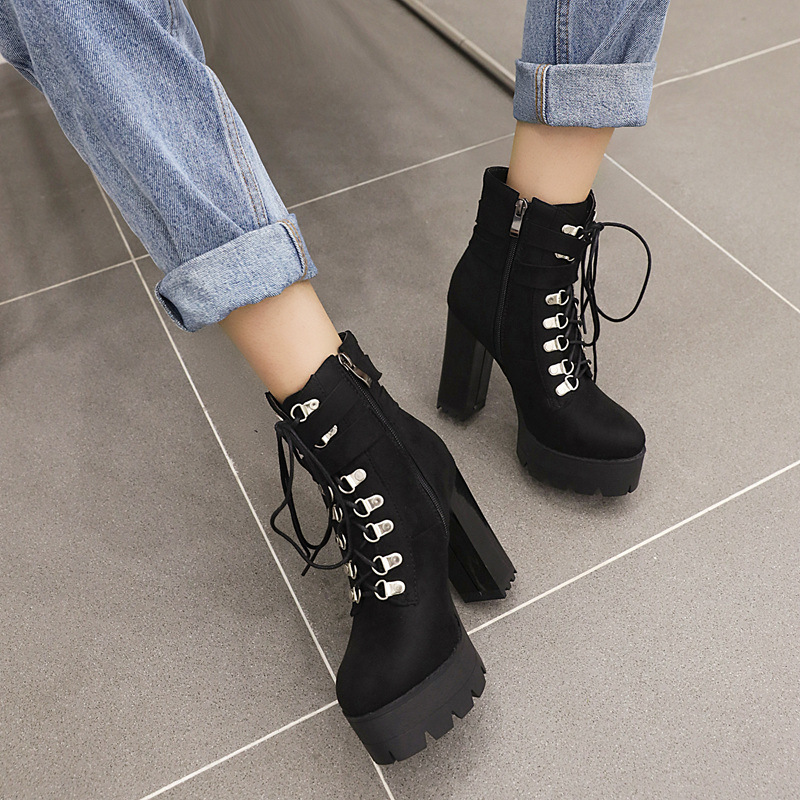 Cross-Border Martin Boots for Women, Lace-Up Thick-Soled Short Boots, High-Heeled Chunky Boots, Women's Boots for Export, Extra Large Sizes 34-48