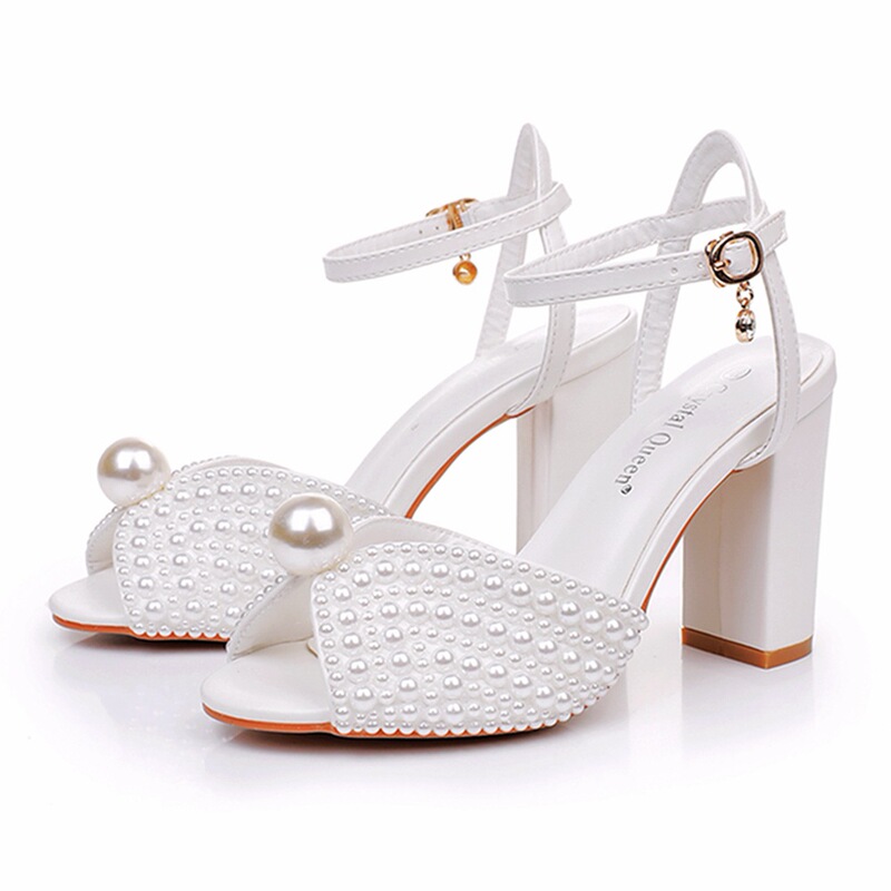 9cm Thick Heel Fish Mouth Sandals Square Heel Sandals White Pearl Bridal Wedding Dress Sandals Pearl Wedding Shoes Women 9cm Thick Heel Fish Mouth Sandals Square Heel Sandals White Pearl Bridal Wedding Dress Sandals Pearl Wedding Shoes Women