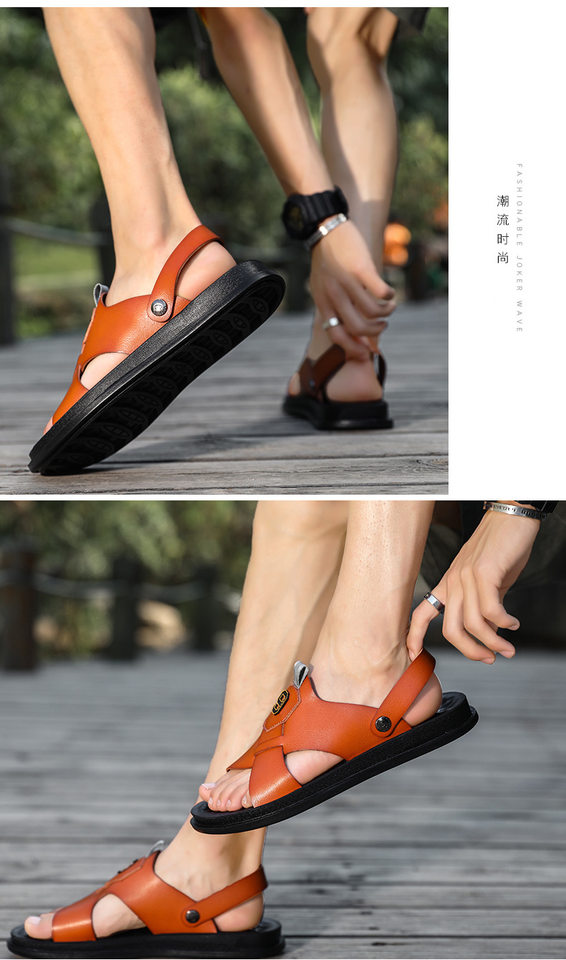Dép sandal nam quai ngang hở ngón chất liệu da PU chống trơn trượt, thoáng khí — Màu kaki, Màu nâu, Nâu đỏ, Đen toàn bộ chi tiết 12