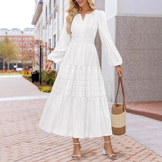 Cross-Border Amazon 25Th Anniversary Autumn/Winter New V-Neck Waist-Cinching Layered Puff Sleeve Dress Fashionable Ruffle Long Dress