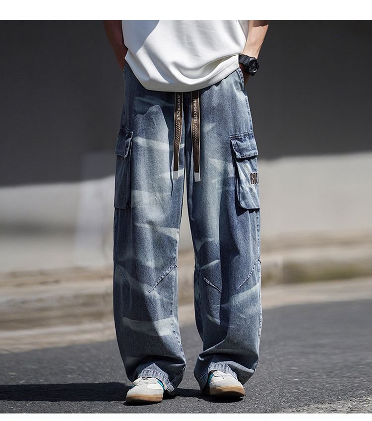 Men's Vintage Light Blue Jeans Retro High Street Hip Hop Design With Pockets Relaxed Straight Leg_mkmklike.com