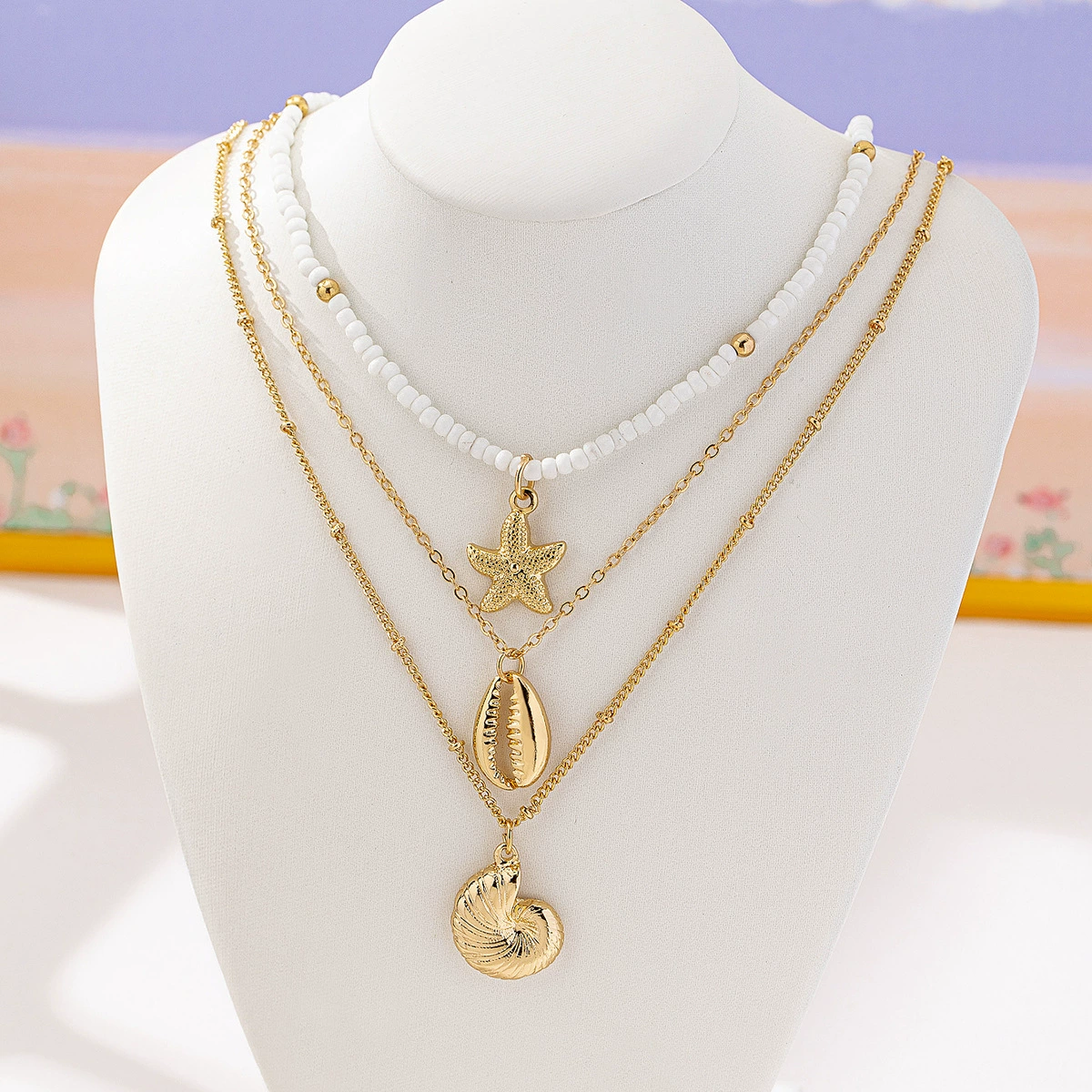 3 marine elements vacation style necklace set conch, starfish, beach women's multi-layer design