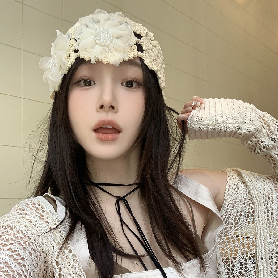 Bohemia gancho de mano sombrero de flores para mujeres 2024 nuevo tejido sombrero de pila de flores de cuatro estaciones de moda