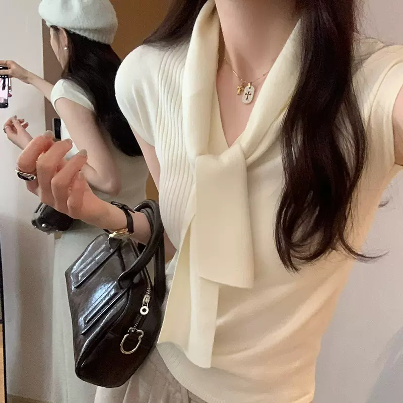 韩系chic别致法式系带无袖针织衫女春夏新款外穿内搭打底背心上衣