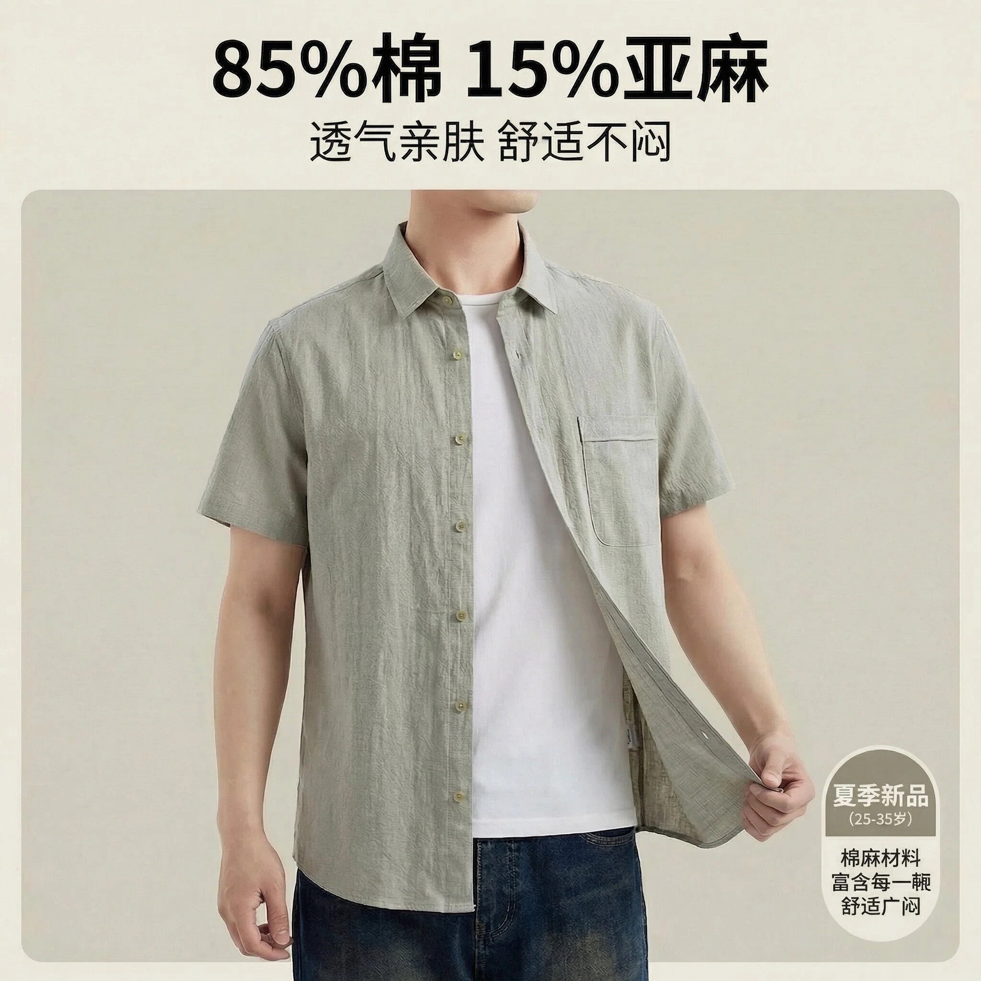 Southeast Asian Supply Summer Linen Short-Sleeve Shirt with Turn-Down Collar and Pocket Style Men's Pure Cotton Blend Casual Shirt