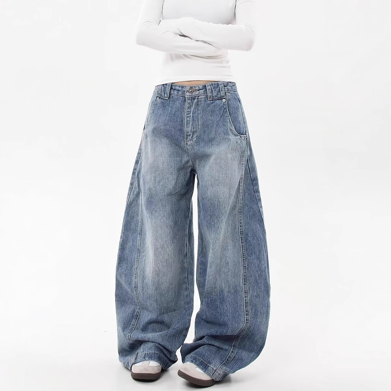 Cross-border American-style Washed Bamboo Pattern Sickle Pants Women's Spring and Autumn Loose Profile All-match Straight-leg Wide-leg Scimitar Jeans