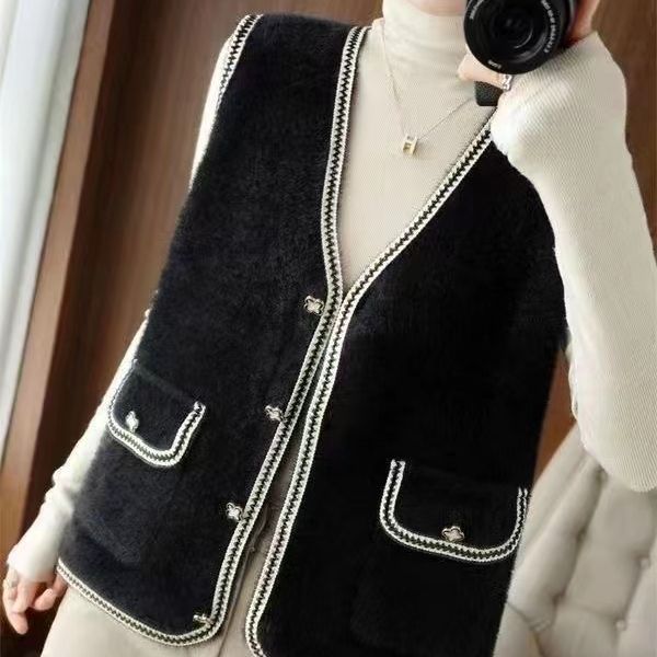 Francés estilo de Chanel imitación de visón de terciopelo desgaste exterior Chaleco de punto para las mujeres otoño e invierno nuevo todo-juego suelta chaleco exterior chaleco