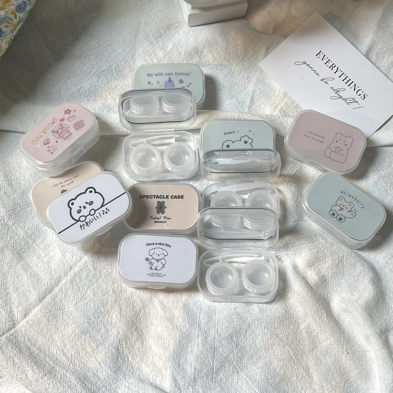 Cartoon cute portable beauty pupil box ins style simple contact lens box beauty pupil companion box with mirror care box