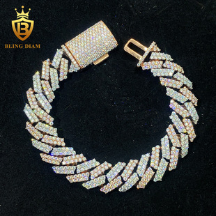 Cross border hot sale 15mm double row stone S925 silver set moissanite Cuban chain hip hop necklace bracelet