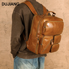跨境热销多功能双肩包户外休闲旅行真皮背包大容量多口袋男士包包