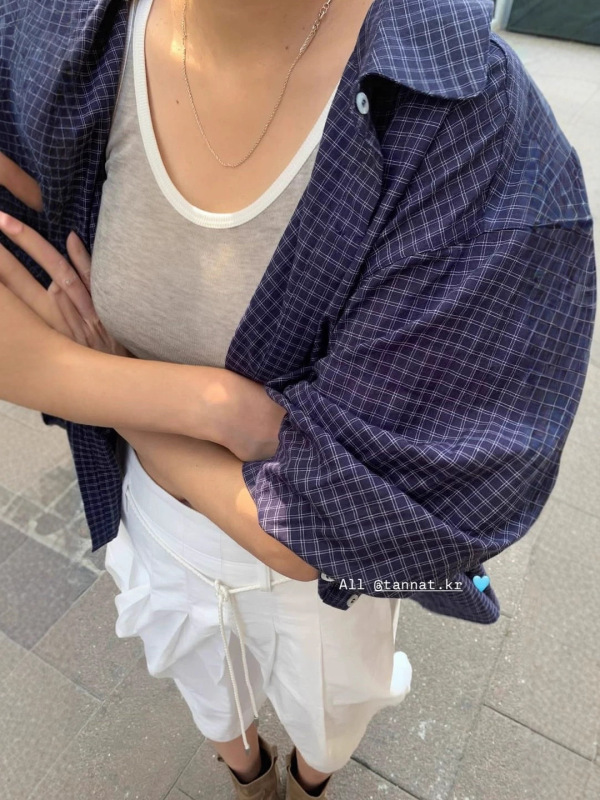 现 韩国设计师tann*t棉质格纹长袖衬衫韩系女装宽松休闲高级衬衣|undefined
