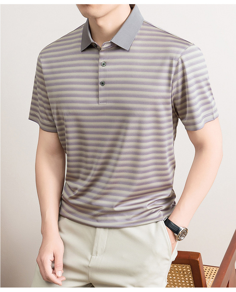Áo polo nam tay ngắn cổ bẻ sọc kẻ chất liệu tơ tằm mulberry mềm mịn — Vàng tím 8878 chi tiết 11