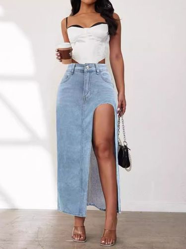 Half body High Split New Washed Solid Color Denim Skirt20