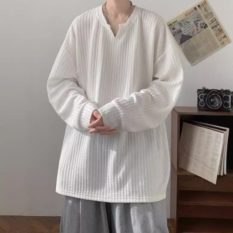 テクスチャード長袖Tシャツメンズ2024春秋新作アメリカンヘビーウェイトルーズユースインナーレイヤリングトップス|undefined