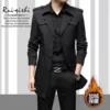 Black fleece suit, trench coat