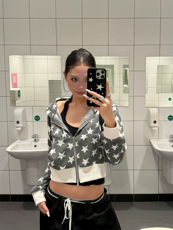 美式复古星星连帽开衫卫衣女短款辣妹休闲外套春秋设计感小众上衣|undefined