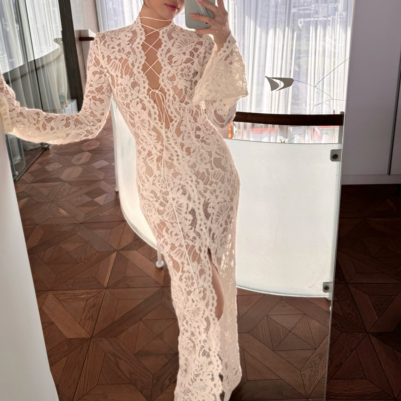 Cross-Border Amazon 2025 Early Autumn New Sexy Lace Patchwork Fashion Street Slit Long-Sleeve Dress
