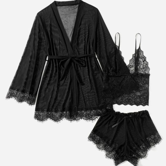 New cross-border European and American women's pajamas 3-piece lace suspenders women's summer suit with nightgown source factory wholesale