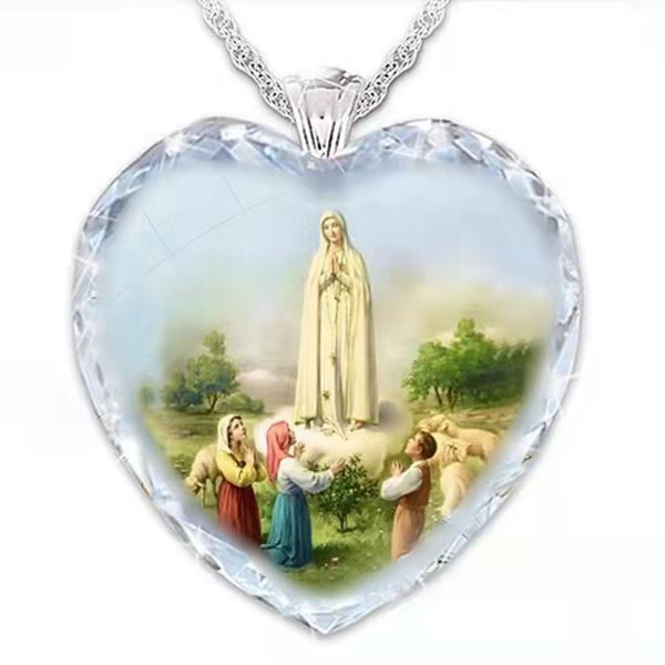 New Heart-shaped Pendant Virgin Prayer Statue Memorial Crystal Necklace Wholesale display picture 1