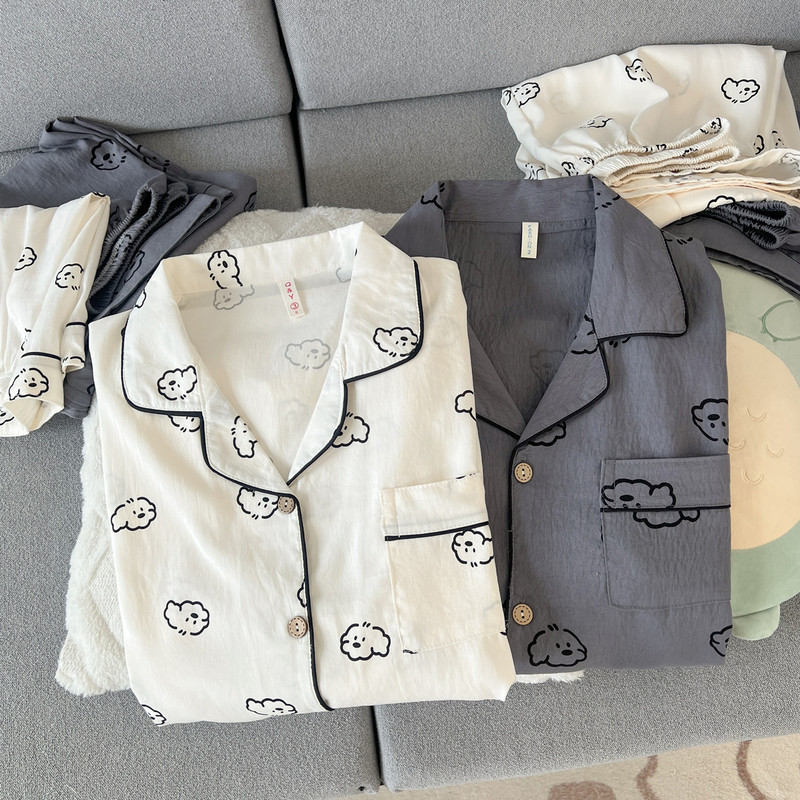 Japanese-Style Ins Puppy Cloud Pure Cotton Gauze Couple Pajamas Women's Summer Short-Sleeve Cartoon Three-Piece Set Men's Loungewear Japanese-Style Ins Puppy Cloud Pure Cotton Gauze Couple Pajamas Women's Summer Short-Sleeve Cartoon Three-Piece Set Men's Loungewear