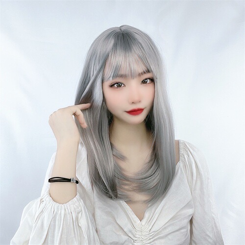 Granny gray wig for women with medium-long hair, air bangs, Lolita long straight hair, fluffy face-shaping, full headgear of synthetic fiber wig