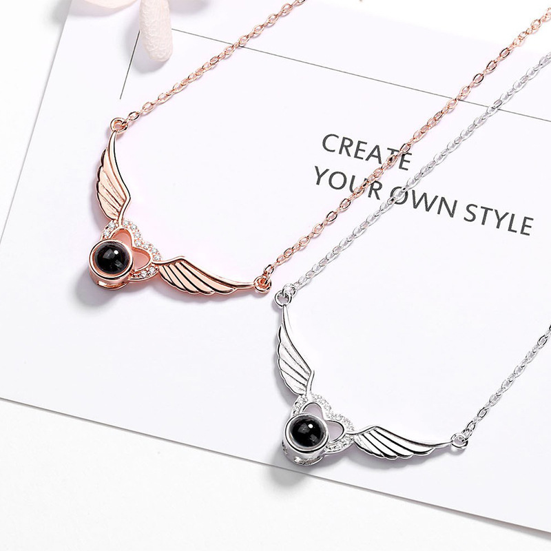 s925纯银天使之翼投影项链女抖音爱的记忆100种语言项链