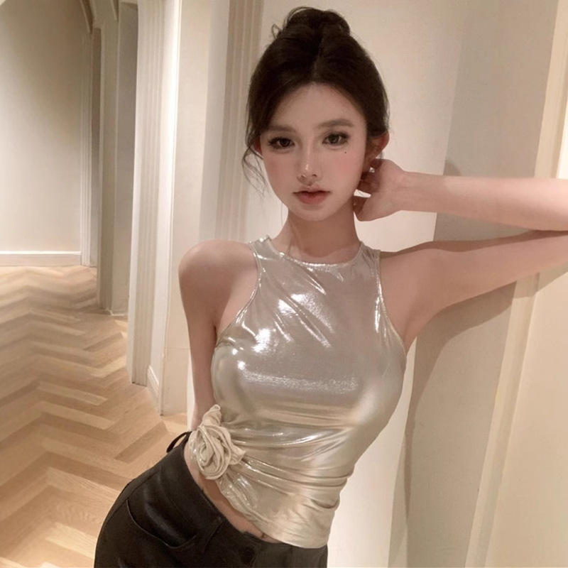 Silver Stereo Rose Sleeveless Vest Thai Summer Tight Inner Wear Sweet and Cool Sexy Sexy Short Top Outer Wear