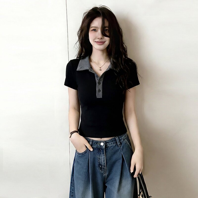 Black Straight-Shoulder Polo Collar Short-Sleeve T-Shirt for Women, 2026 New Summer Style, Plus-Size, Flattering, Unique, and Beautiful Top