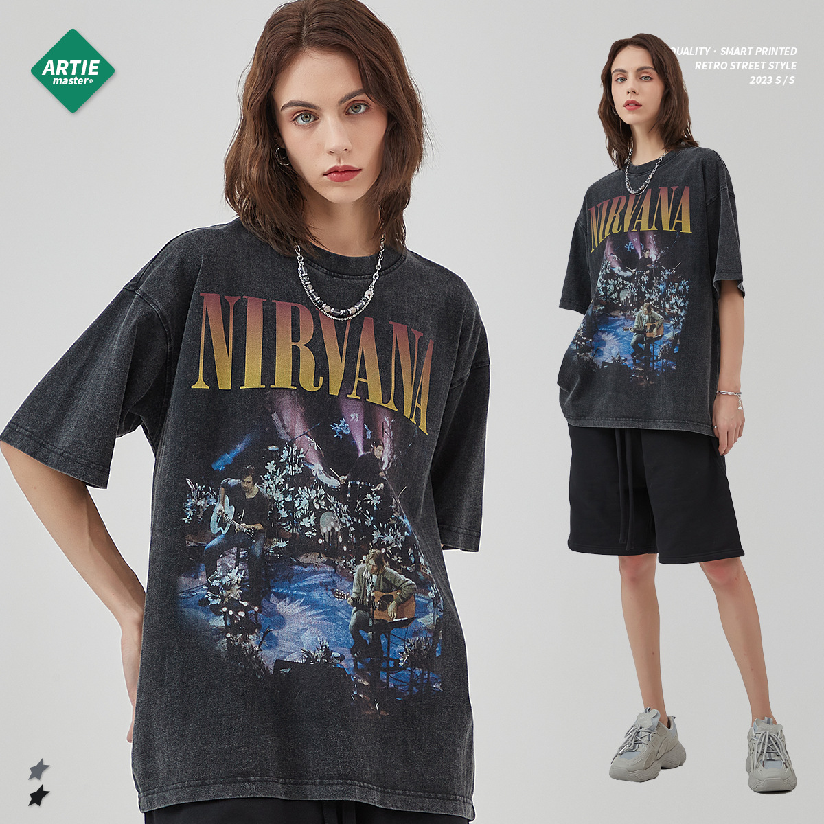 ARTIE desgaste de los hombres 2023 de primavera y verano lavado retro moda marca camiseta Nirvana banda digital inyección directa impresa hombres de manga corta