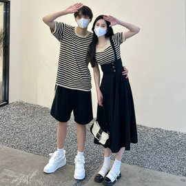情侣装夏季法式气质女神范背带连衣裙两件套显瘦黑色长裙一裙一衣