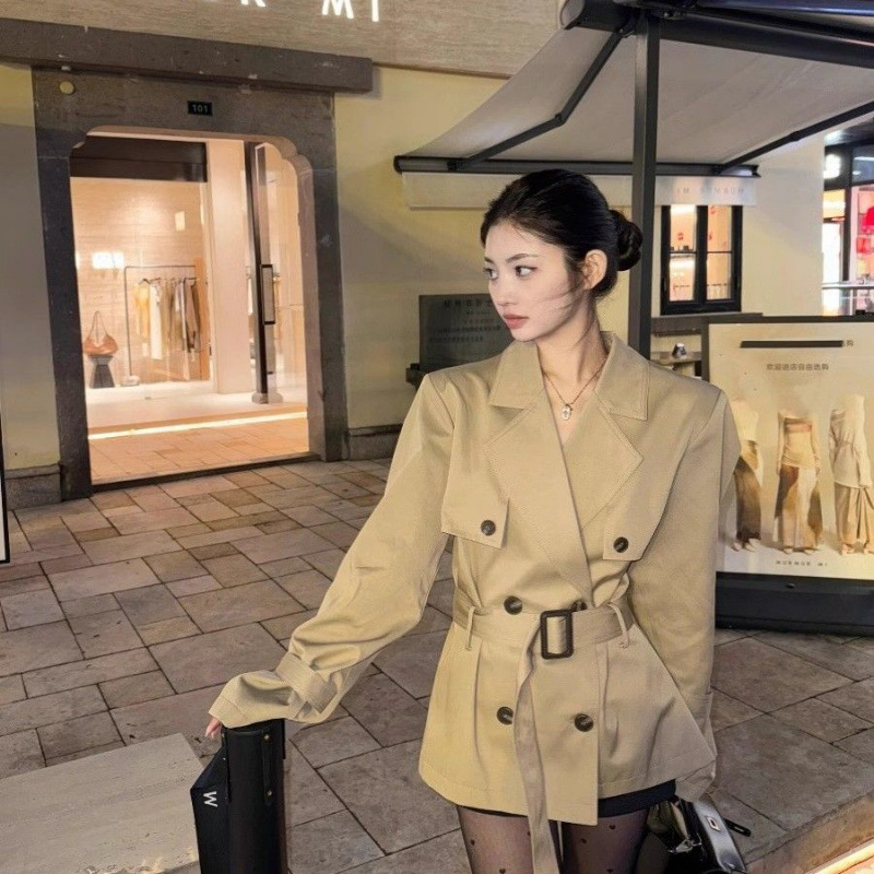 美式辣妹卡其色廓形双排扣中长款风衣秋冬感外套女涤纶半开领长袖|undefined