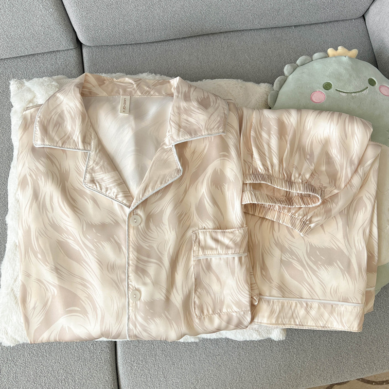Pijamas de pareja de seda de hielo con streamer de sentido de alta calidad, cárdigan de verano para mujer de manga corta para hombre, servicio a domicilio de talla grande, seda real
