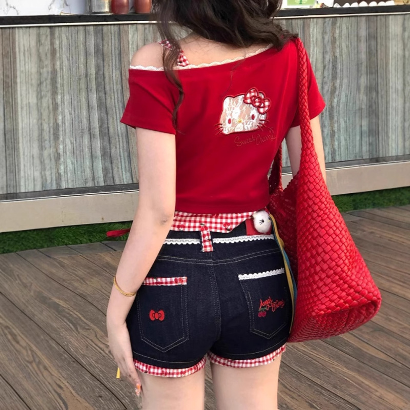 中空猫刺繍甘いホットガールピュアコットン半袖Tシャツレディース夏斜め肩スプライシングチェック柄ピュアセクシーショートトップ|undefined