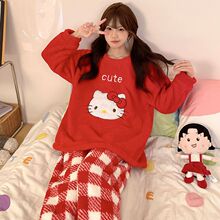 睡衣女秋冬季圆领可爱kt猫刺绣休闲加绒保暖外贸跨境套装