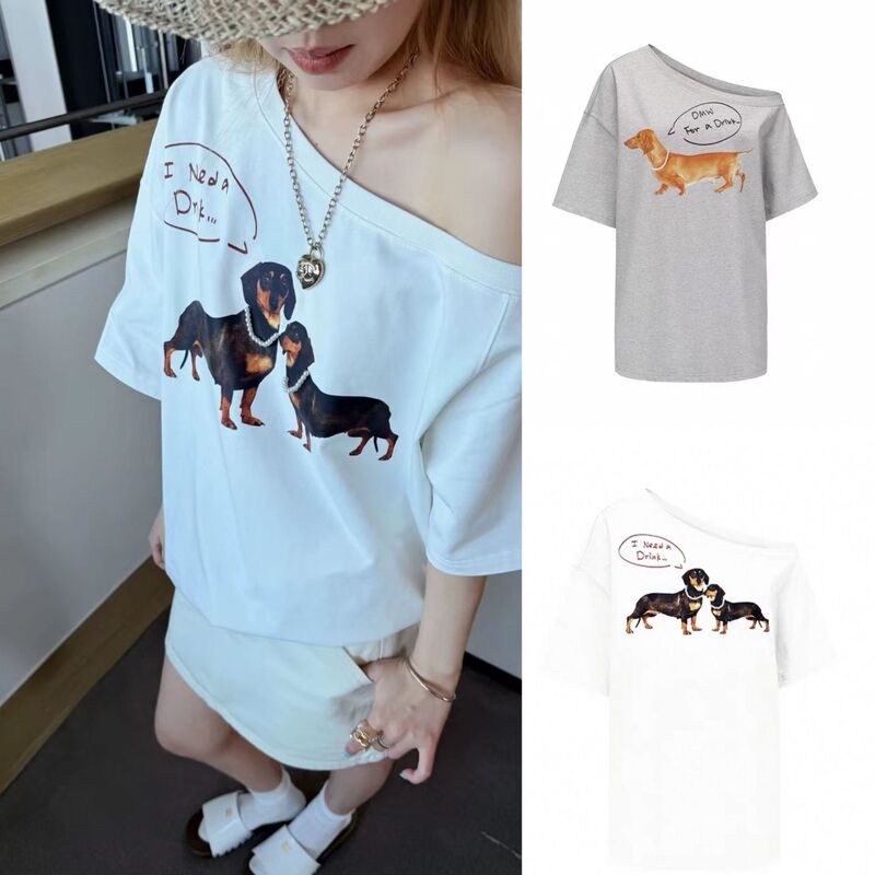 Yb Develops Jennie Same Pearl Necklace Dogs Printed Oblique Open Shoulder T-Shirt Short Sleeve Top