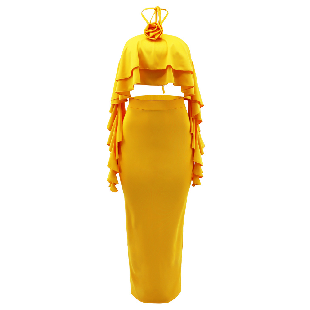 Femmes Vacances Couleur Unie Polyester Fente Garniture De Laitue Jupe Ensembles display picture 4