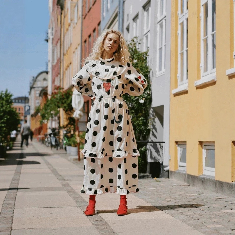 Nanyou Danish Dress for Women, Summer High-End Style, Black Polka Dot Long-Sleeve Dress with Ruffles, Beaded Embroidery, and Polka Dots