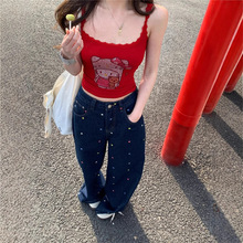实拍2025慵懒风彩色花朵刺绣牛仔裤女休闲宽松bf阔腿裤松弛感潮